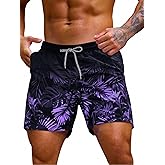 Verdusa Men's Tropical Print Drawstring Waist Swim Trunks Beach Shorts Black Purple Large