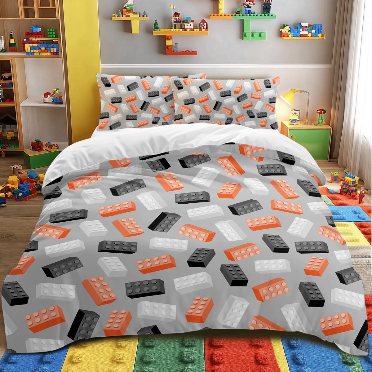 BlessLiving Boys Double Size Bedding Set Toy Building Bricks Pattern Duvet Cover Set 3 Piece Black Grey Orange Plastic Construction Comforter Cover Set for Teens Kids Boys Girls (Double) — image 1