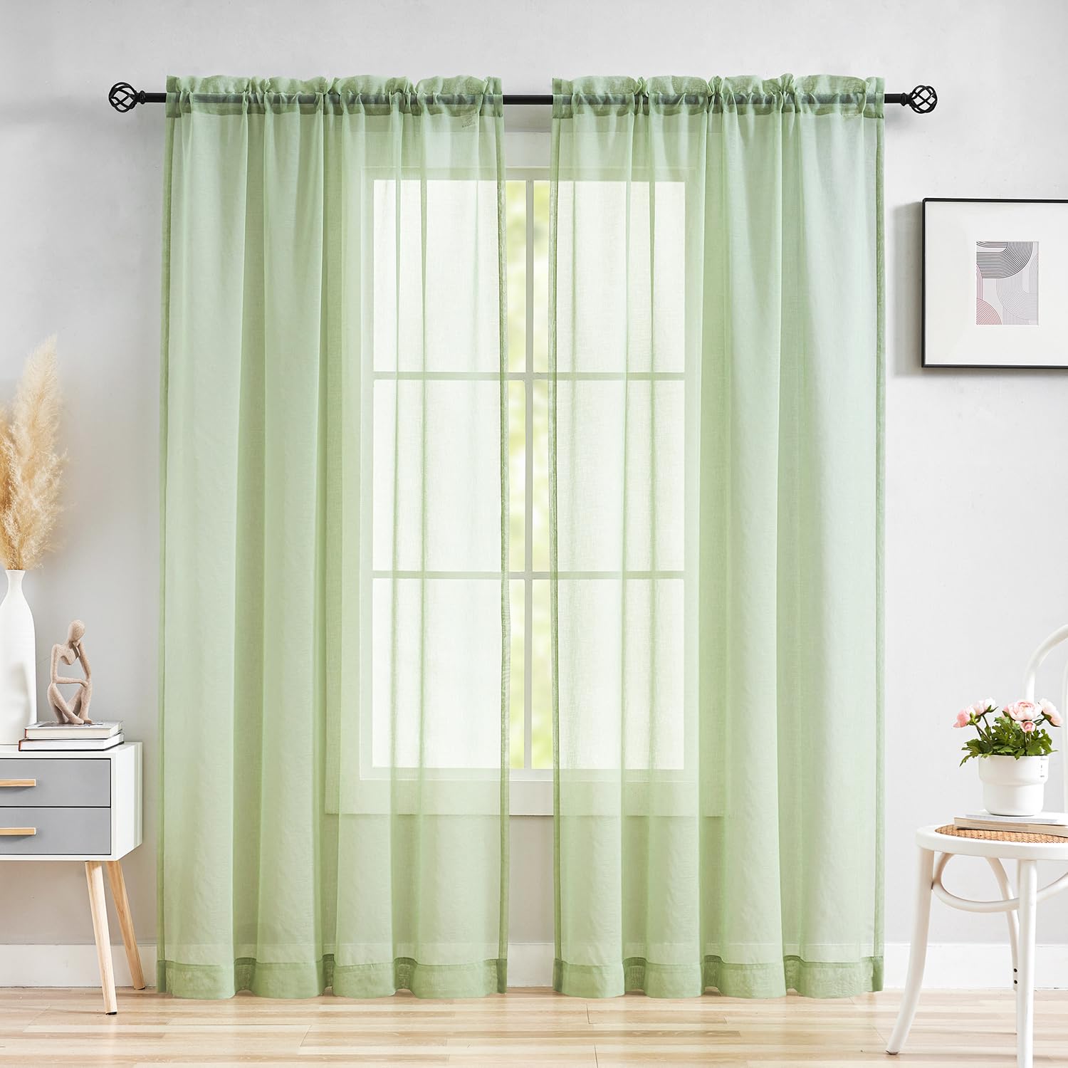 MYSTIC-HOME Sage Green Sheer Curtains 84 Inches Long, Rod Pocket Sheer Drapes Bedroom, 2 Panels, Semi Crinkle Voile Window Treatments Parlor, Sage Green, 52" Wx84 L