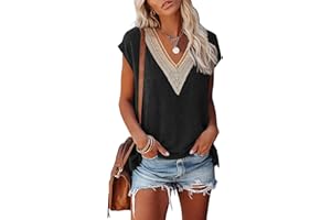 SAUKOLE Summer Tops for Women Cap Sleeve T Shirts Casual Blouse V Neck Lace Floral Print Loose Fit Tank Tops