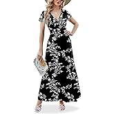 ANRILITA Maxi Dress for Women 2026 Wrap V Neck Short Sleeve Empire Waist Summer Casual Elegant Flowy Long Dresses with Pocket