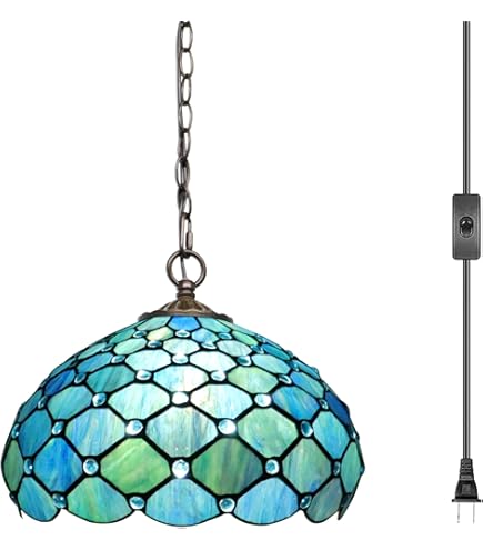 ZJART Tiffany Pendant Light Plug in Stained Glass Swag Lamp