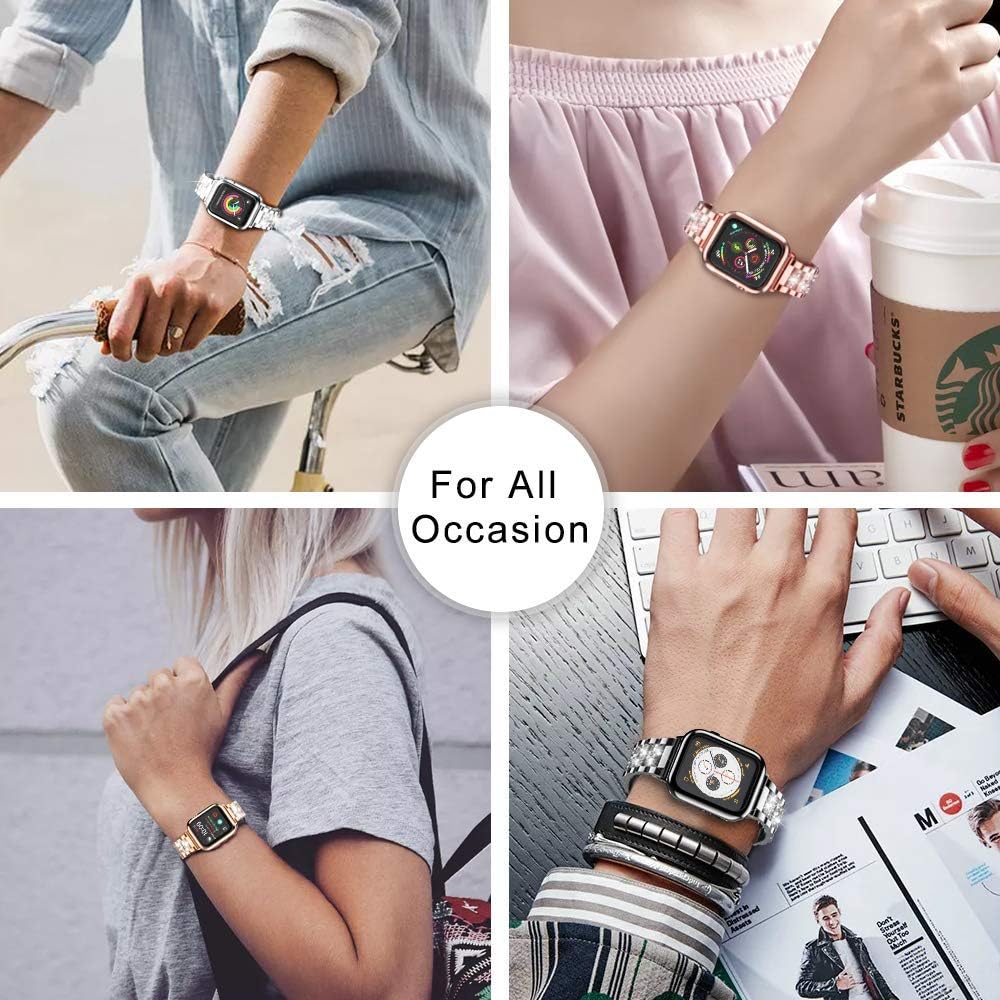 LELONG for Apple Watch Band 38mm 40mm 42mm 44mm SE Series 6 Series 5 4 3 2 1, Bling Replacement Bracelet iWatch Band, Diamond Rhinestone Stainless Steel Metal Wristband Strap