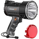 Litmann Pro 2000 Lumen Rechargeable Handheld Spotlight with Floodlight | spot beam reaches 400m, with 400LM floodlight, die-cast aluminum head, red lens, built-in stand and USB-C charging.