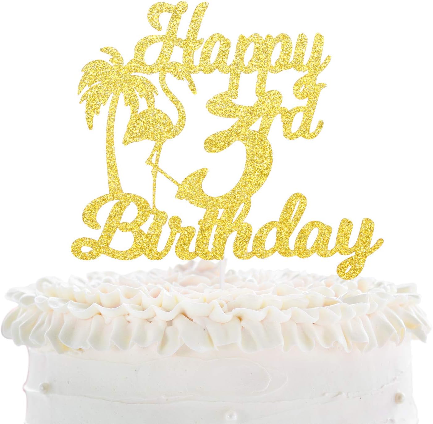 Happy 3rd Birthday Cake Topper - Hawaii Tropical Flamingo Gold Glitter Décor - Kids Third Birthday Party - Baby Shower Three Years Old Palm Tree Cake Derocation