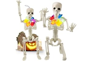 JMUQ 2 Pack Skeleton Halloween Decor with Wreathes, 16” Posable Plastic Mini Skeletons Halloween Decorations Outdoor Indoor Props for Porch Graveyard Haunted House Halloween Party