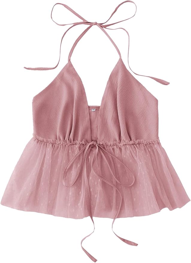 SheIn Women's Sexy Sleeveless Tie Front Halter Camisole Ruffle Hem Mesh Cami Top Pink# Medium at 