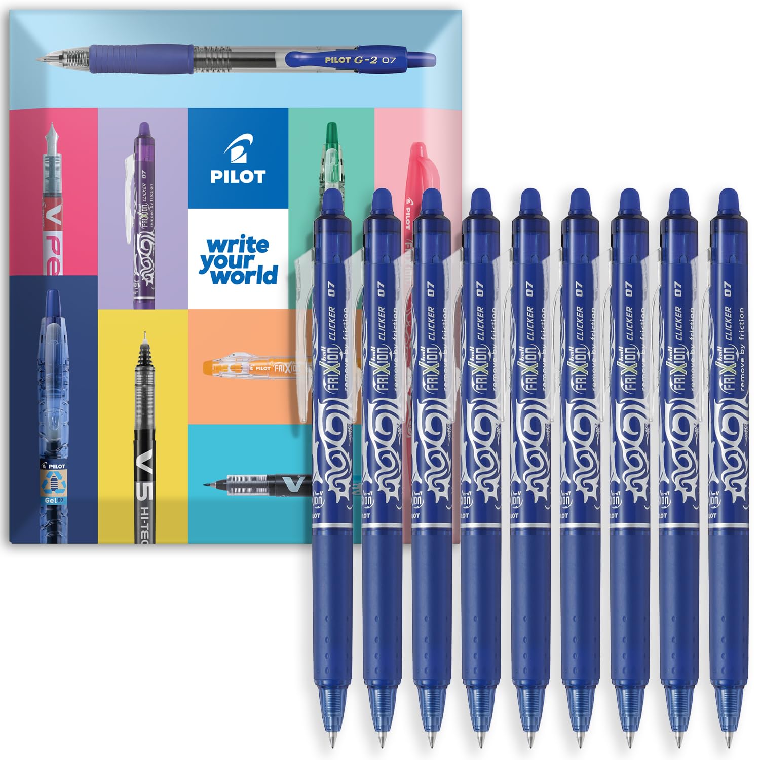 PILOT FriXion Clicker Fine Erasable Friction Rollerball Pen - Retractable Tip 0.7mm Nib 0.35mm Line Width - Pack of 9 Pens in Envelope Gift Packaging - Blue Ink
