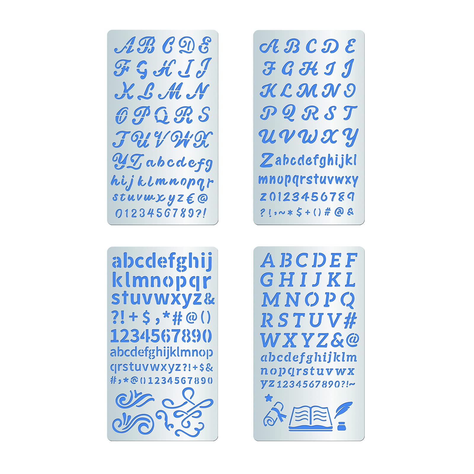 BENECREAT 4PCS 4x7 Inch Alphabet Number Metal Stencils 4 Style Steel Stencil Template for Wood Carving, Drawings and Woodburning, Engraving and Scrapbooking Project