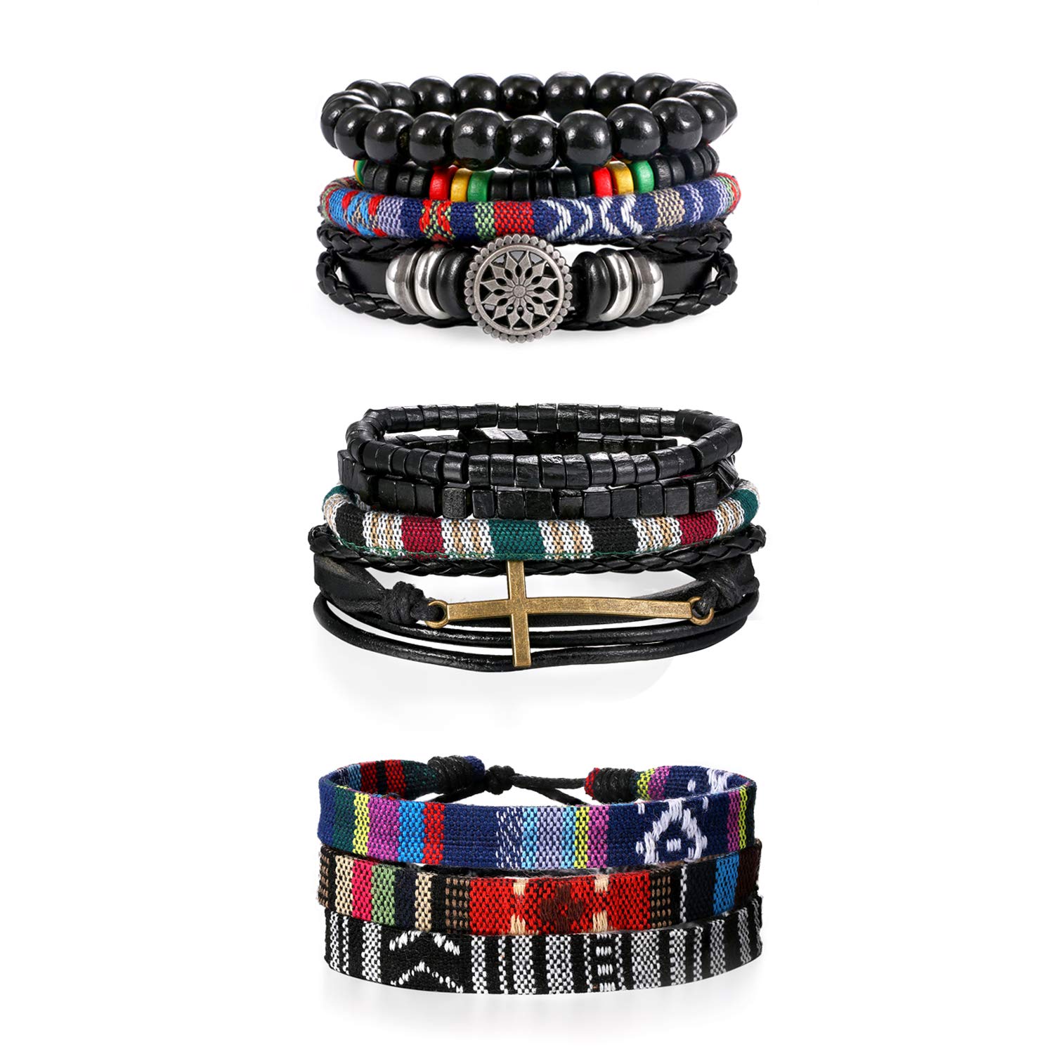 Cupimatch 3 Set Wrap Beads Leather Linen Hemp Cords Bracelets, Adjustable Ethnic Tribal Wide Wristbands