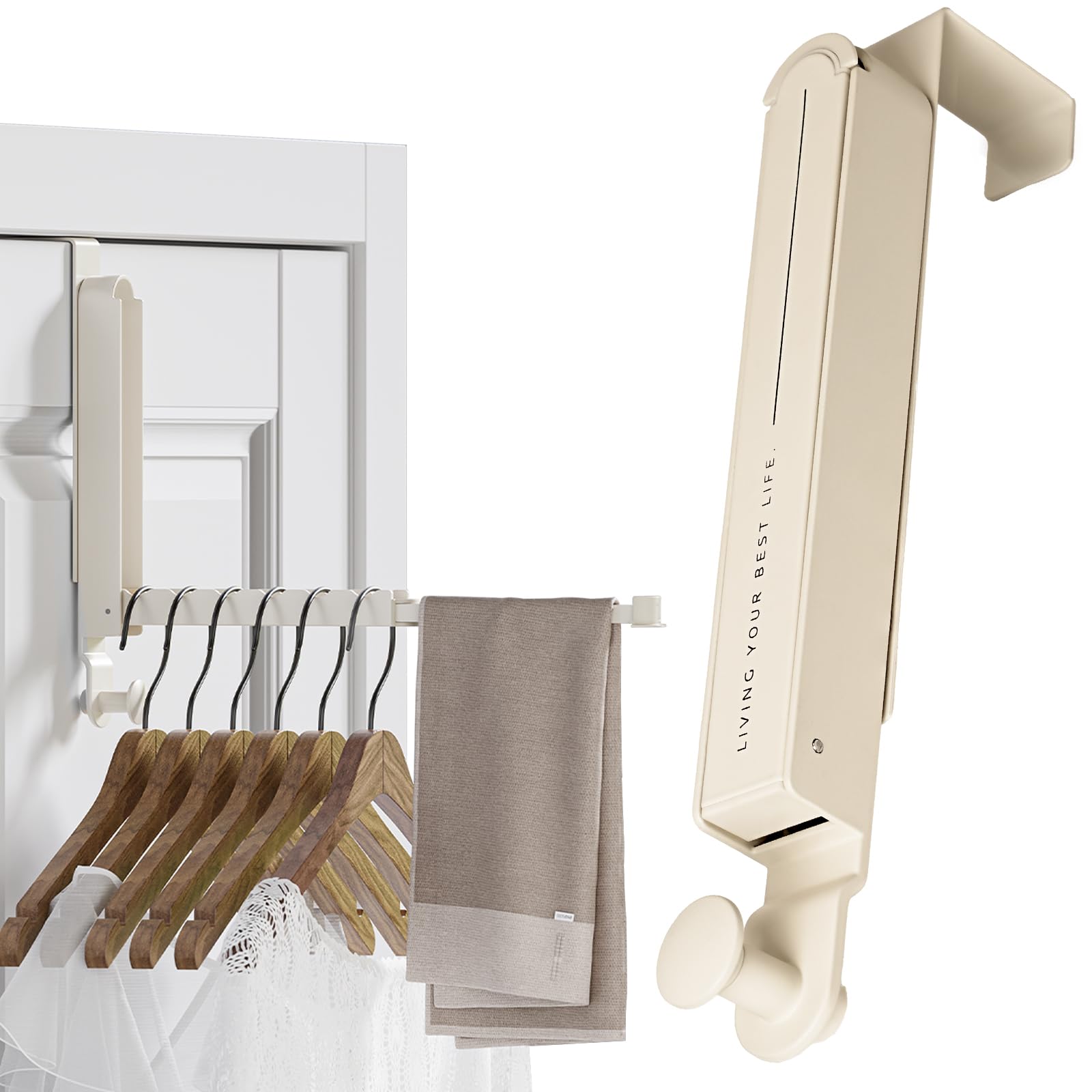 Yuepaikre Aluminium & Stainless Steel Metal Door Hook for 6 Hangers, Foldable, 34 cm, Extendable, No Drilling Required, Non-Slip Slot for Under 4.6 cm Door Rebate, Bag, Clothes and Towels