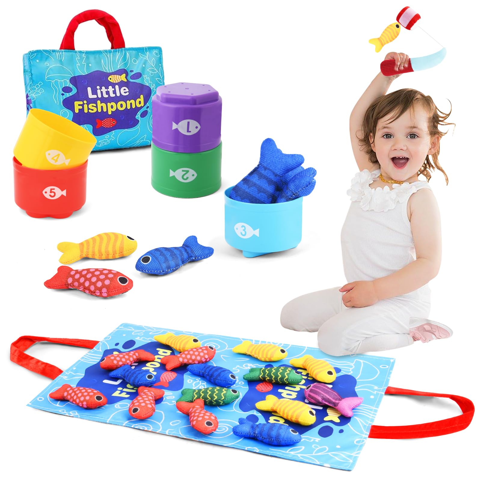 AOOWU Montessori Toys for 1 Year Old, 10 in 1 Fabric Fishing Game for Kids, Fishing Rod Set Toddler Baby Toys for 1 2 3 Years Old, Education Teaching Toy Stacking Toys Baby Gifts, Color Sorting Toys