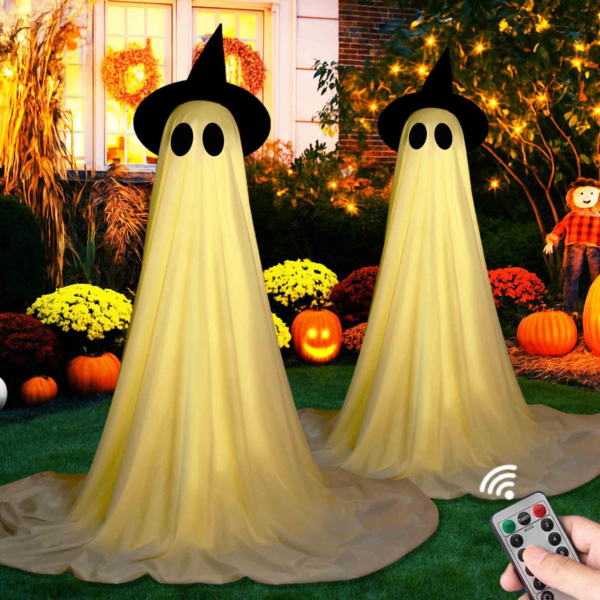 Photo 1 of 2Packs Halloween Decorations Outdoor, Cute Halloween Decorations Indoor, DIY Ghost Kit Decor with Witch Hat Remote Control String Lights, Spooky Ghost Scary Decor for Front Porch Yards Gardens Lawn
