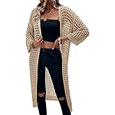 Verdusa Women's 3/4 Sleeve Long Cardigan Lightweight Hollow Out Crochet Knit Open Front Kimono Spring Outfits