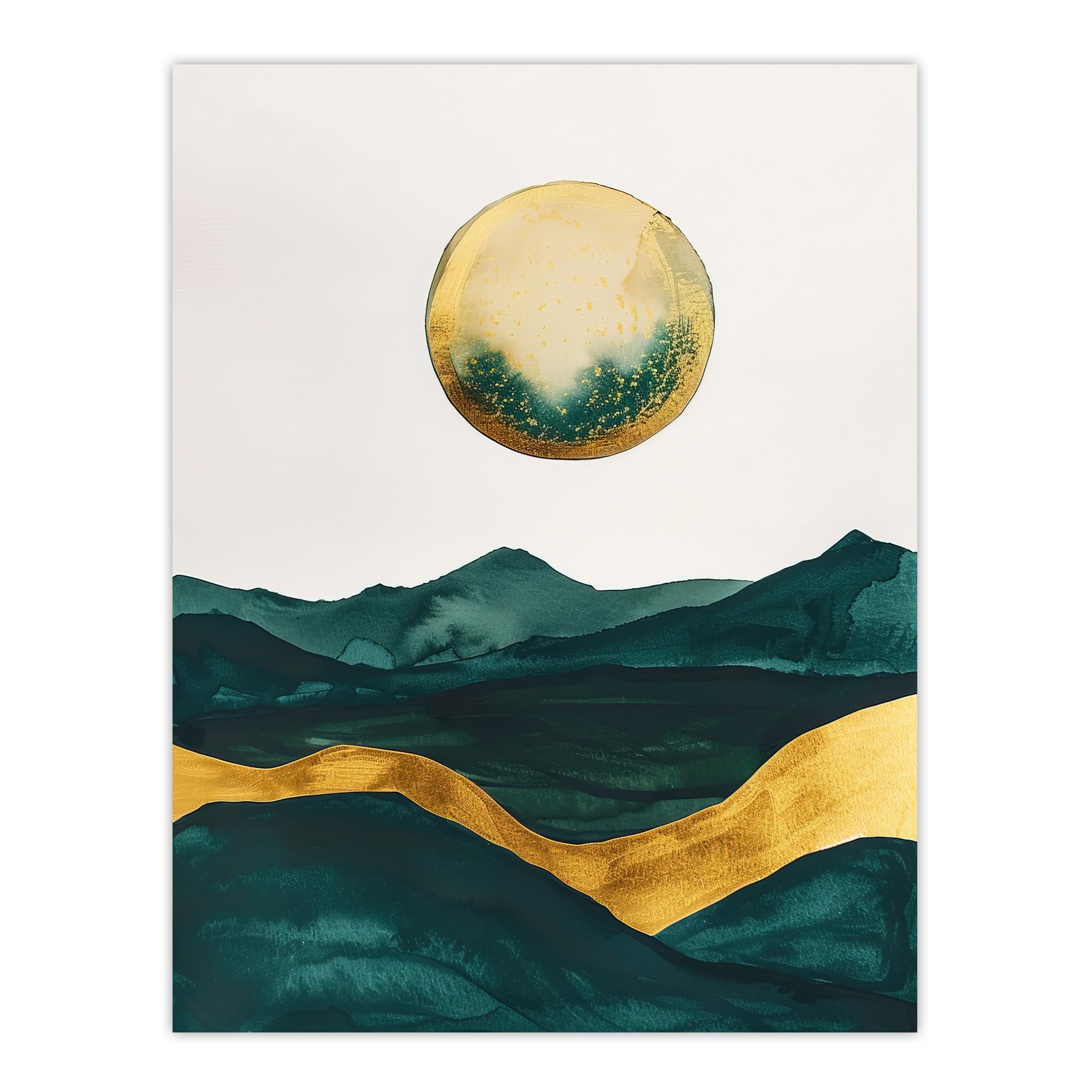 Artery8 Abstract Full Moon Seascape Dark Green Gold Boho Living Room Extra Large XL Wall Art Poster Print