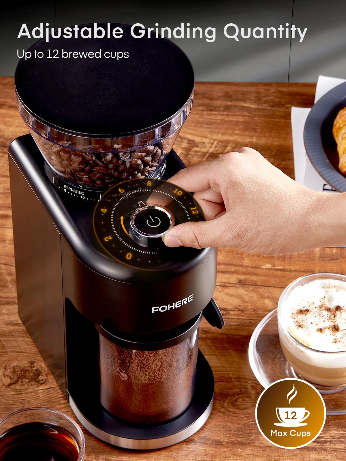 FOHERE Electric Burr Coffee Grinder, Adjustable Conical Burr Mill with 35 Precise Grind Setting, Anti-static, Cleaning Brush, for French Press, Drip Coffee, Espresso, Black