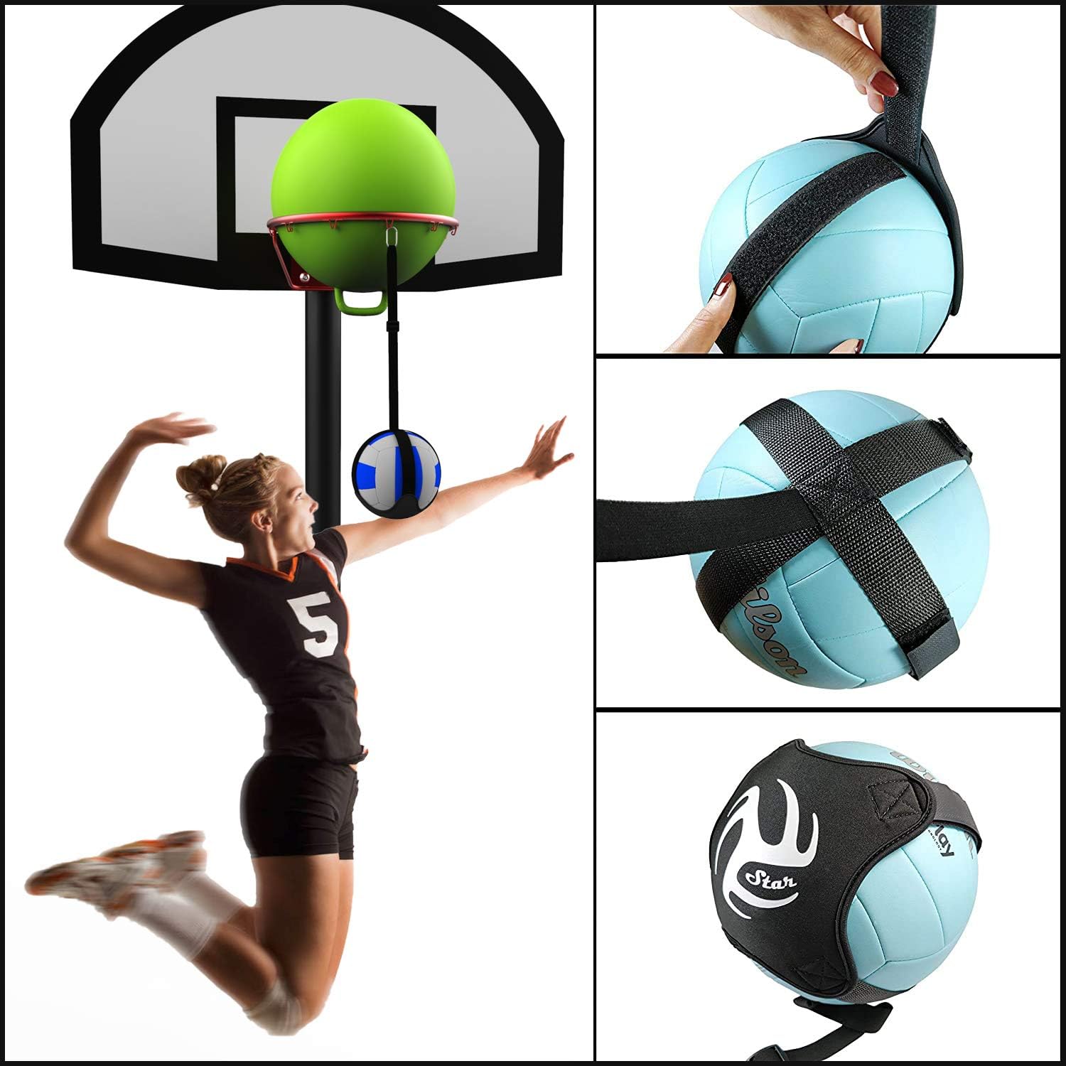 Volleyball Spike Trainer Basketball Hoop - Great Home Training Equipment for Improving Spiking, Jumping and Arm Swing Mechanics - Adjustable Length Ball Holder, Ball Rim Cover, Air Pump, Reaction Ball : Sports & Outdoors