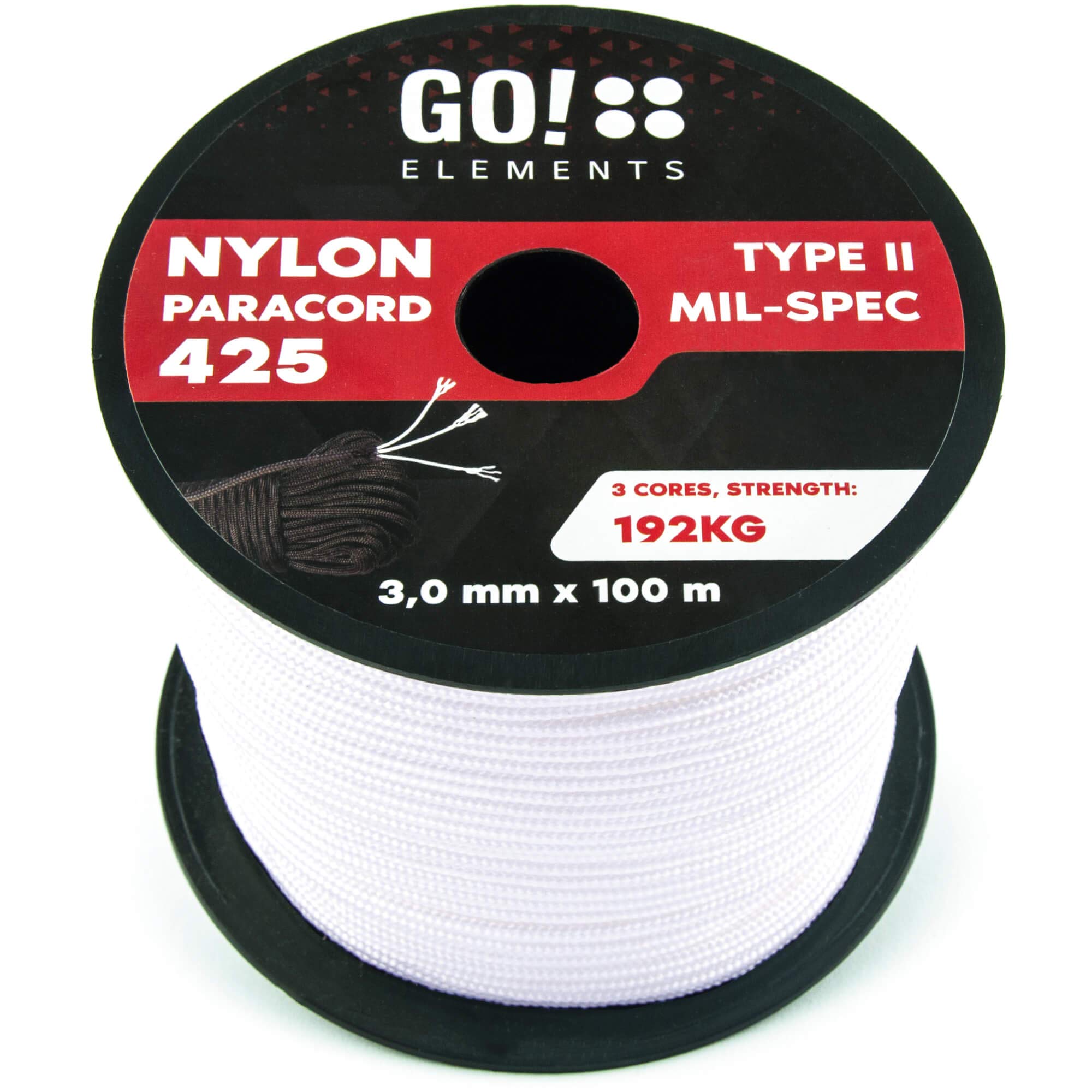 GO!elements 100m Paracord rope made of tearproof nylon - 3mm Paracord 425 type II lines as outdoor rope, all-purpose rope, survival rope, bracelet, dog leash - nylon line max. 192kg, Color:White
