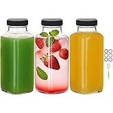 BIGIVACA 12 oz Glass Juice Bottles with Lids,3 PACK Bottles for Juicing,Square Drinking Jars Glass for Coffee,Cola,Milk,Tea in Travel,Work,School