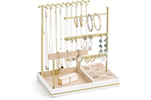 Emibele Jewelry Holder, Jewelry Organizer Stand Necklace Earrings Bracelet Holder, 5 Tier Jewelry Display Tower Rack with Metal Frame and Velvet Ring Tray, Aesthetic Jewelry Stand Gift for Women, Gold