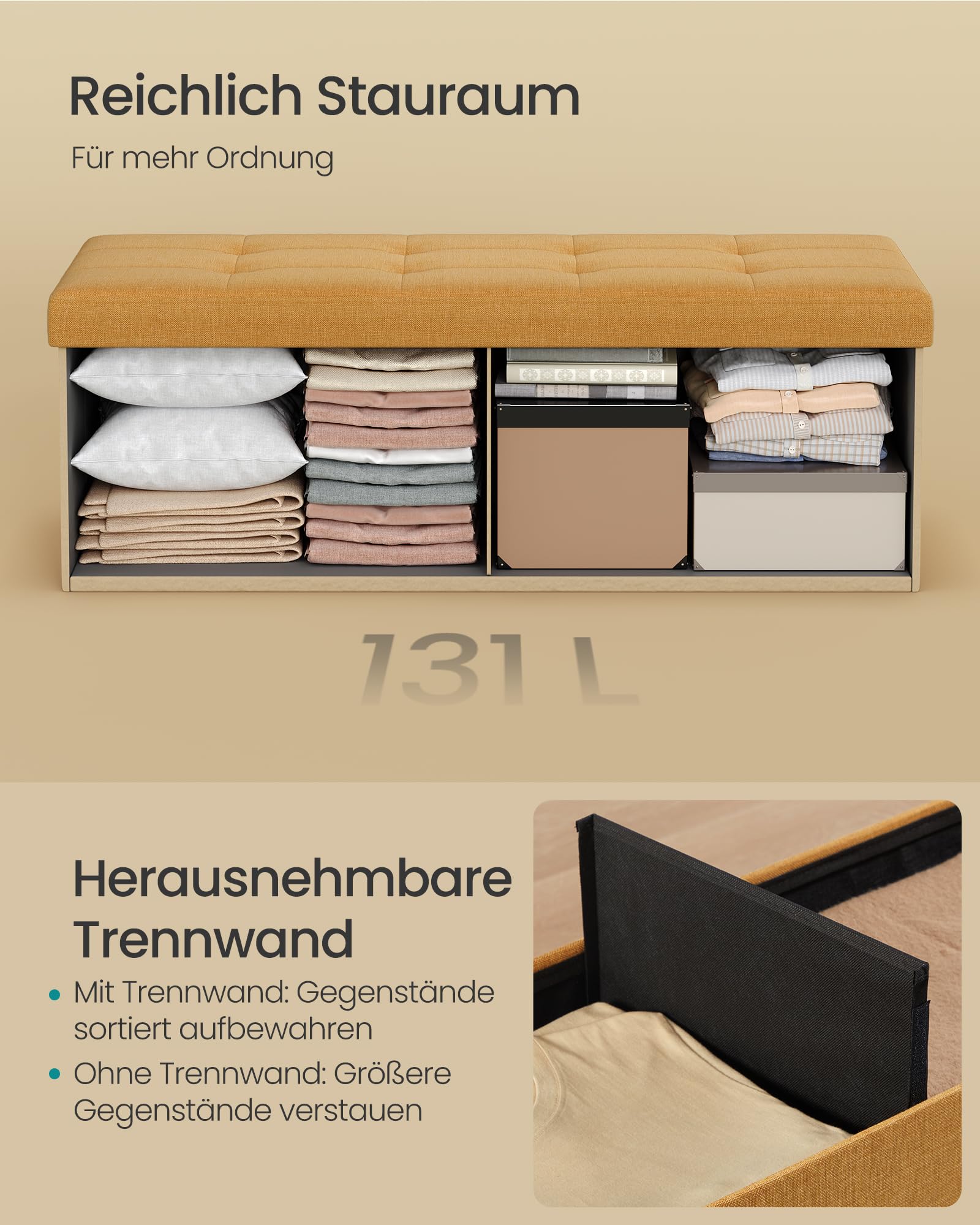 SONGMICS Sitzhocker mit Stauraum, klappbare Sitzbank, 38 x 110 x 38 cm Fußbank, Aufbewahrungsbox, bis 300 kg belastbar, für Wohnzimmer Schlafzimmer Flur, ingwergelb LSF077K04 6