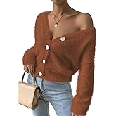 Pink Queen Women's Furry Cropped Cardigan Batwing Sleeves Open Front V-Neck Button Down Loose Casual Knit Sweater Coat