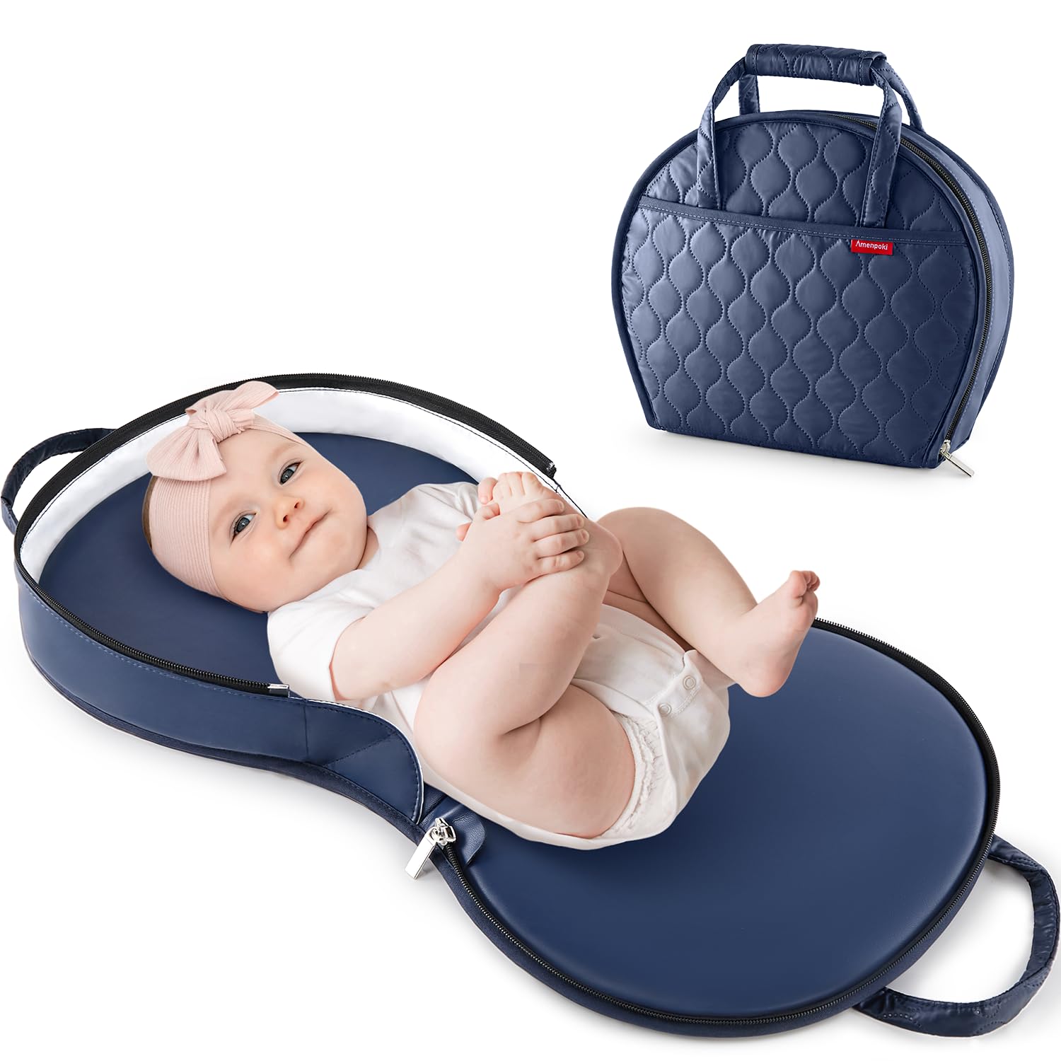 Photo 1 of ***MISSING  CUSHION -SELLING AS IS*** Amenpoki Portable Waterproof Leather Diaper Changing Pad Compact for Travel Diaper Bag, Easy Clean, Newborn Baby, Blue