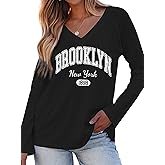 Hilinker Women's Graphic Tee Long Sleeve Tops Casual Loose V Neck T Shirts