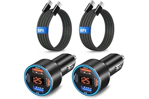 USB C Car Charger 65W, 4-Port QC PD 3.0 Super Fast Charging Cigarette Lighter Adapter Dual 12V USB-C & USB-A Car Phone Charge