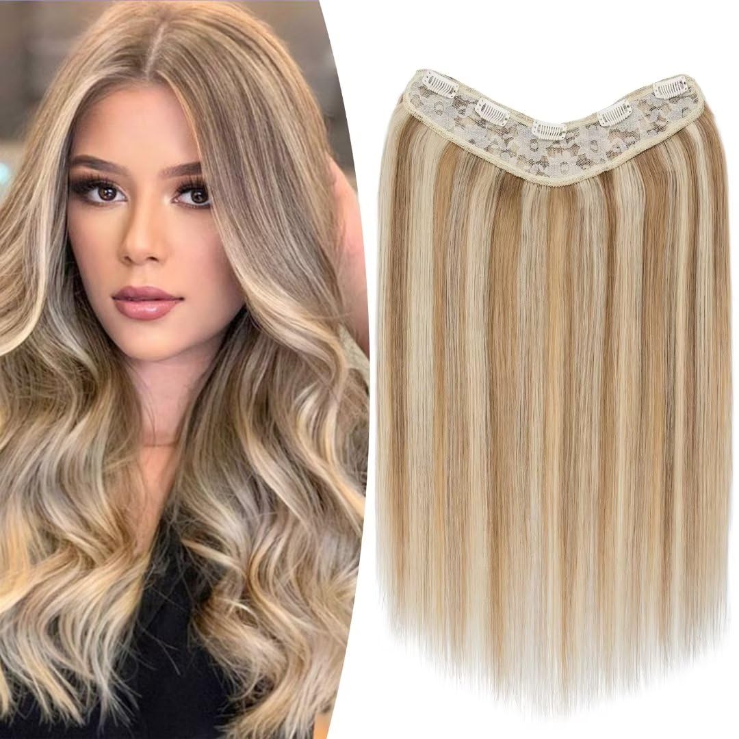 TESS Clip In Hair Extension Remy,Hair Extensions Real Human Hair One Peice U-Shaped Balayage Straight Hairpieces for Women/Ladies/Girls(#12/613 Golden Brown & Bleach Blonde,12Inch) — image 1
