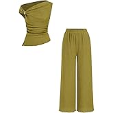 CIDER Womens Two Piece Outfits One Shoulder Sleeveless Tops with Metal Decor Wide Leg Pants Summer Casual Outfits