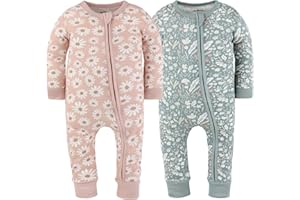 The Peanutshell 2-Pack Sleep and Play Baby Girl Clothes, Soft Cotton Footless Pajamas, Boho Meadow