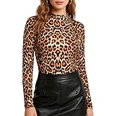 YumiDay Women Cheetah Leopard Print Tops Mock Neck Long Sleeve Slim Fit Stretchy Undershirt Lightweight Layering Basic