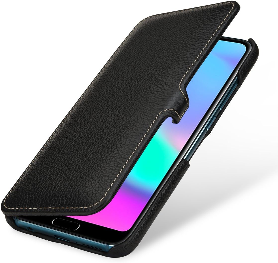 StilGut Book Type Leather Case Compatible with Huawei Honor 10. Side Flip Case Genuine Leather Black with Clip