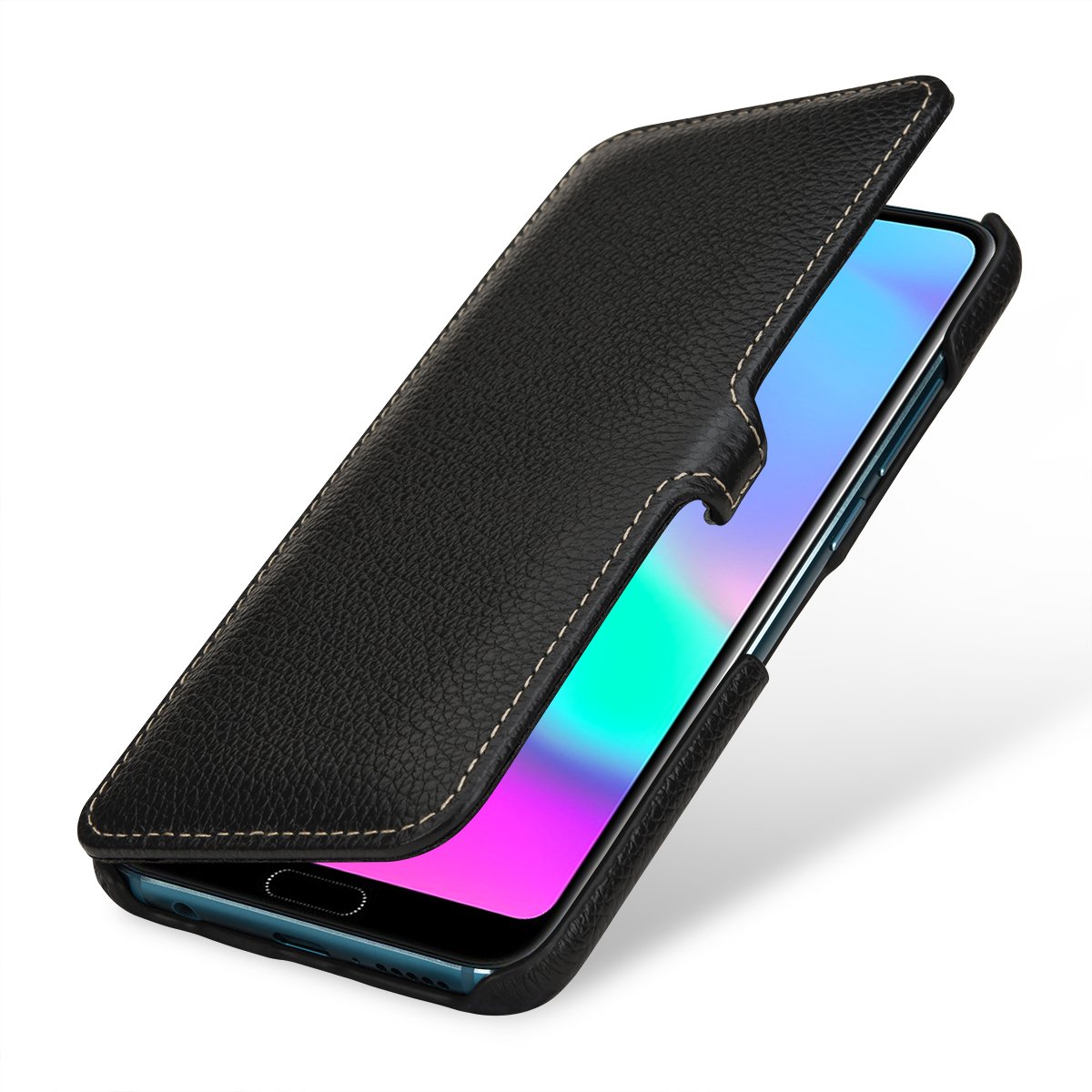 StilGut Book Type Leather Case Compatible with Huawei Honor 10. Side Flip Case Genuine Leather Black with Clip