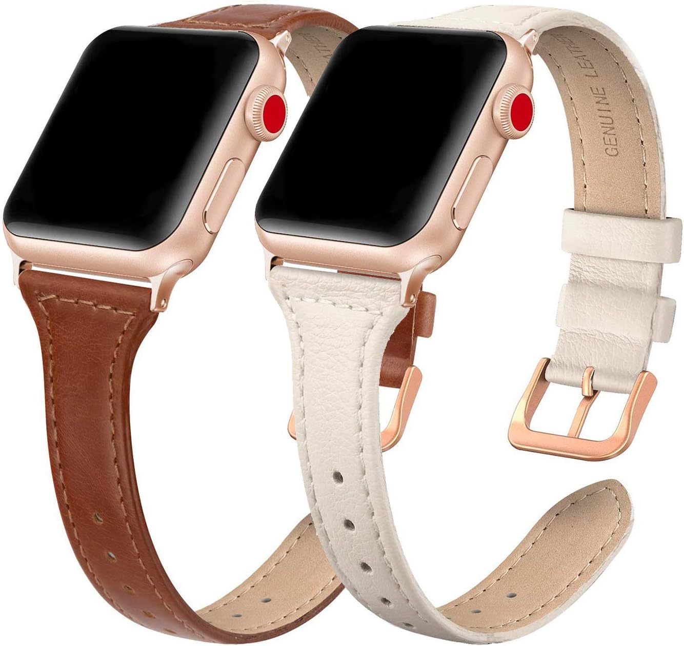 SWEES Genuine Leather Band Compatible with iWatch 38mm 40mm, 2 Packs Slim Thin Dressy Elegant Shiny Strap Compatible for iWatch Series 6 5 4 3 2 1 SE Sport Edition Women, Beige, Cognac Brown