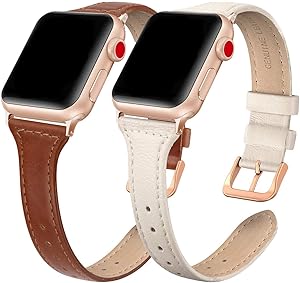 SWEES Genuine Leather Band Compatible with iWatch 38mm 40mm, 2 Packs Slim Thin Dressy Elegant Shiny Strap Compatible for iWatch Series 6 5 4 3 2 1 SE Sport Edition Women, Beige, Cognac Brown