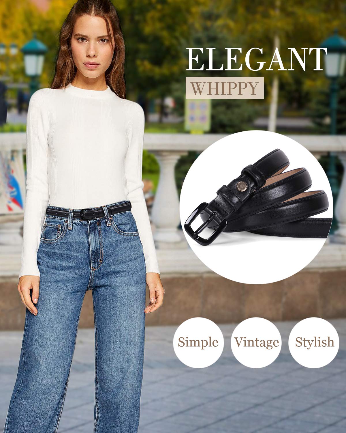 Women Skinny Leather Belt Thin Waist Jeans Belt for Pants in Pin Buckle Belt by WHIPPY