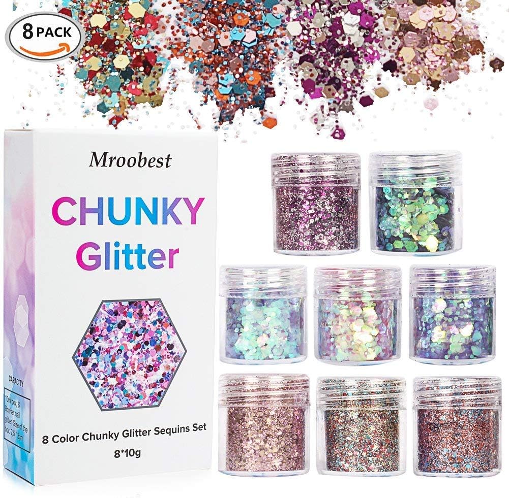 shirleyjj Chunky Glitter, Chunky Face Glitter, Set, Festival Glitter for Face, Decoration Glitter Hair Body Face & Nails 8 Pack