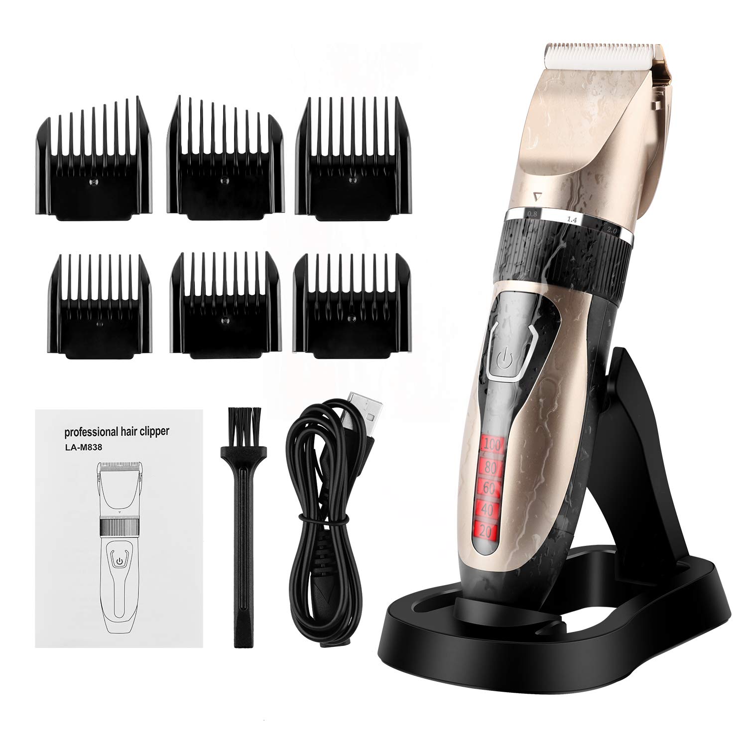 Wireless Hair Clippers, Professional USB Rechargeable Haircut Trimmer Set, Waterproof Hair Cutting Machine for Men Kids Family Barber Grooming Cutter Kit, Trimmer Kit with Guide Combs Brush Gold
