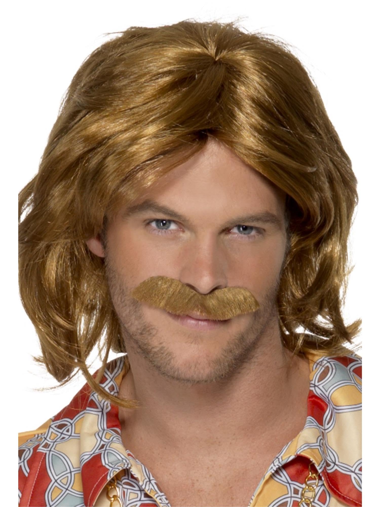 Smiffys 70s Super Trouper Wig & Moustache, Brown Mid Length, 1970's Disco Fancy Dress, 1970s Dress Up Wigs Halloween