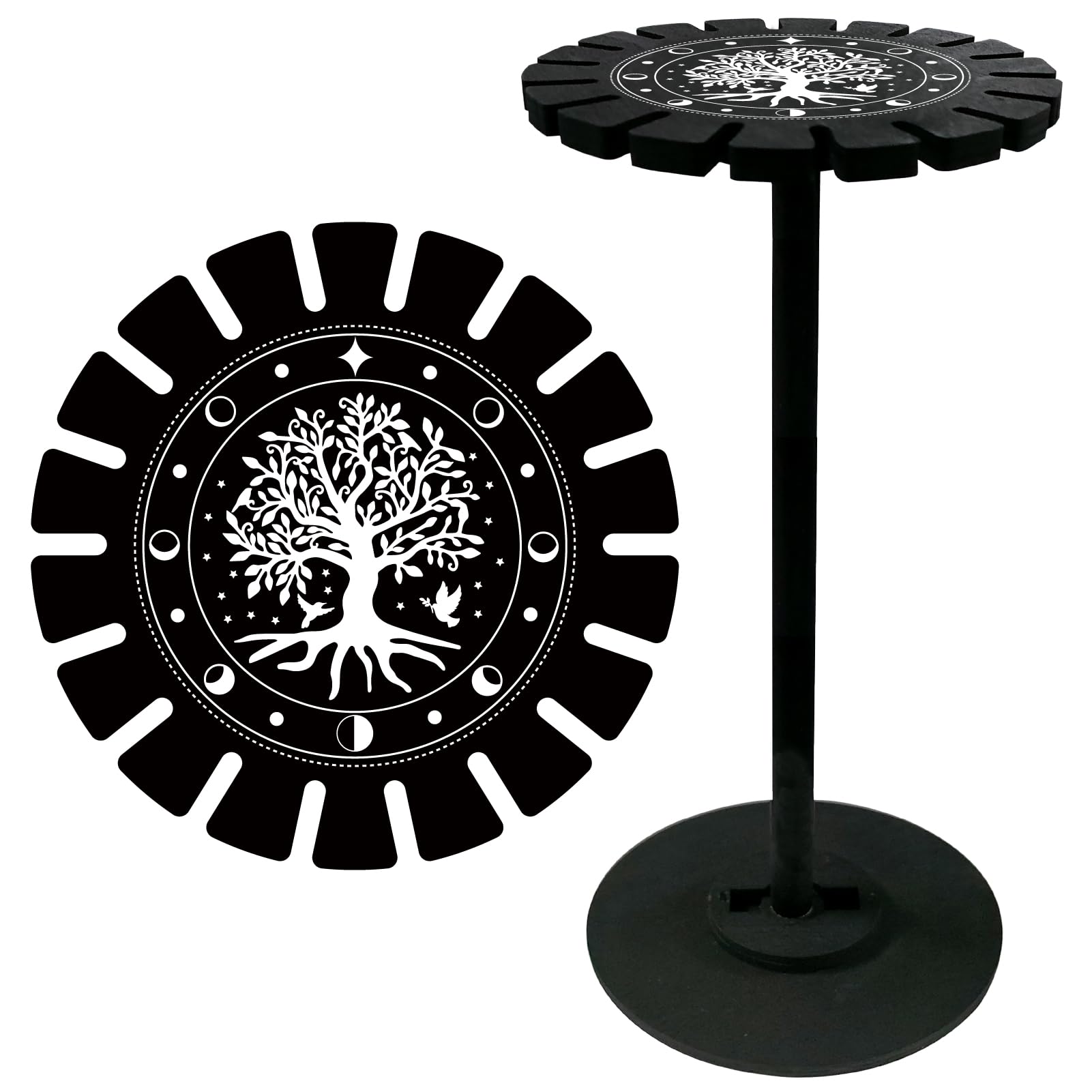 CRASPIRE Tree of Life Pendulum Crystal Holder Moon Prase Divination Dowsing Wheel Black Display Stand Shelf Vintage Rome Witch Stuff Wooden Organizer Rack for Stone Necklaces Witchcraft Essential