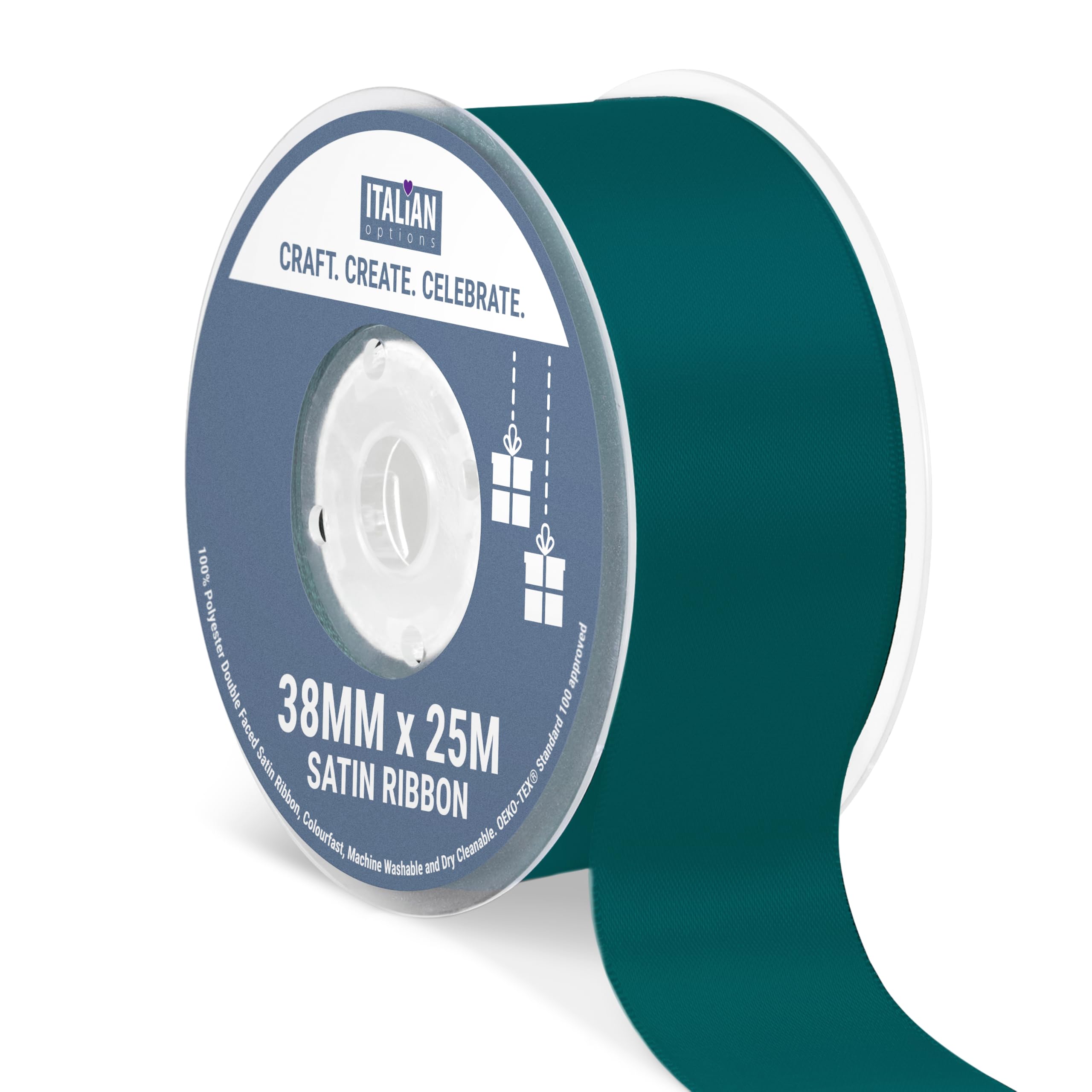 Italian Options Satin Ribbon, Fabric Ribbons for Gift Wrapping, Crafting, Balloons, Wedding Car, Presents, Cake, Christmas, Birthday, Gift Wrap Accessories, 38mm Wide x 25 Metre Roll, Teal