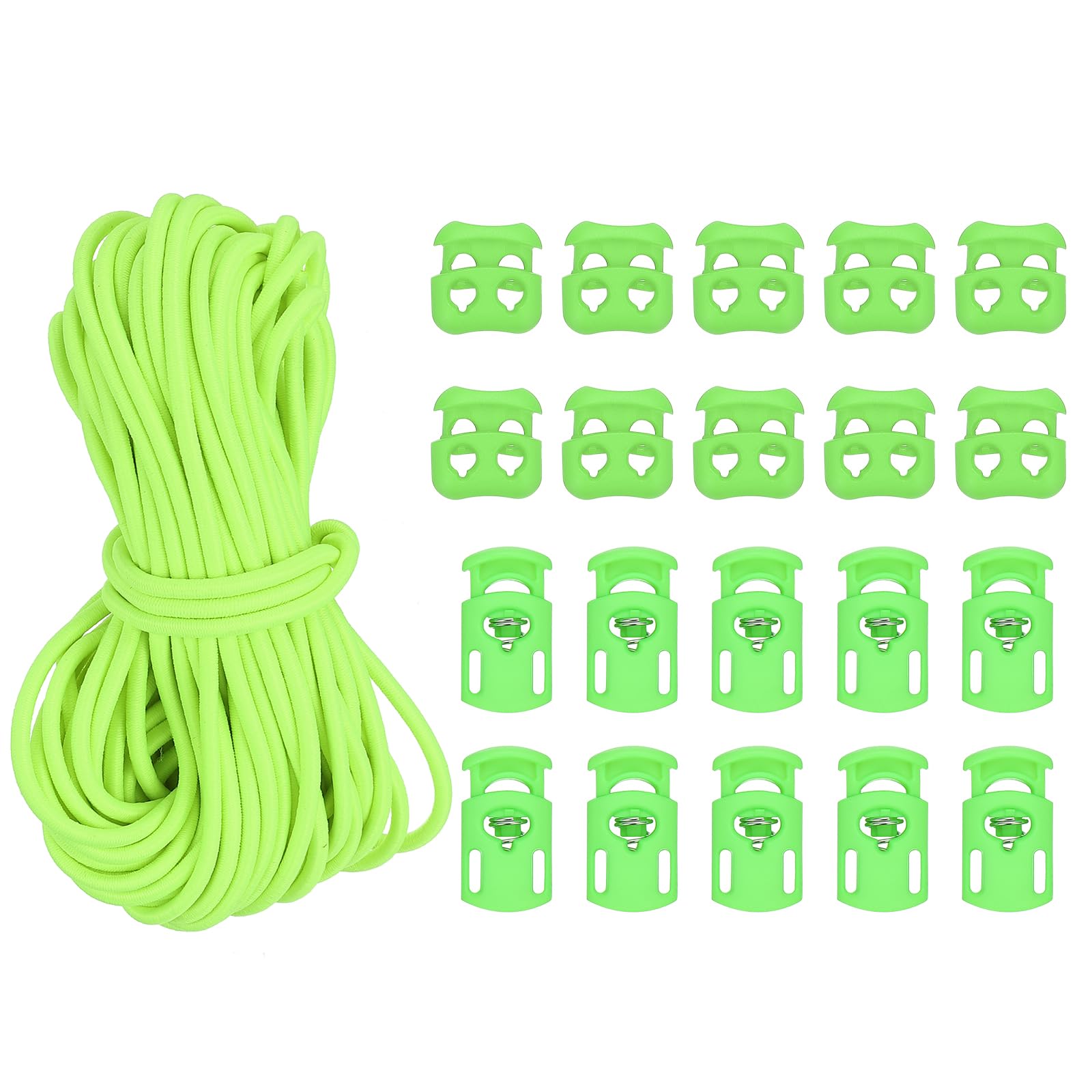 PATIKIL 16 Yard Elastic Bungee Cord & 10pcs Single Hole Cord Lock & 10pcs Double Hole Spring Toggle Stopper for Paracord Drawstring Shoelace Clothing Backpack Bags, Fluorescent Green