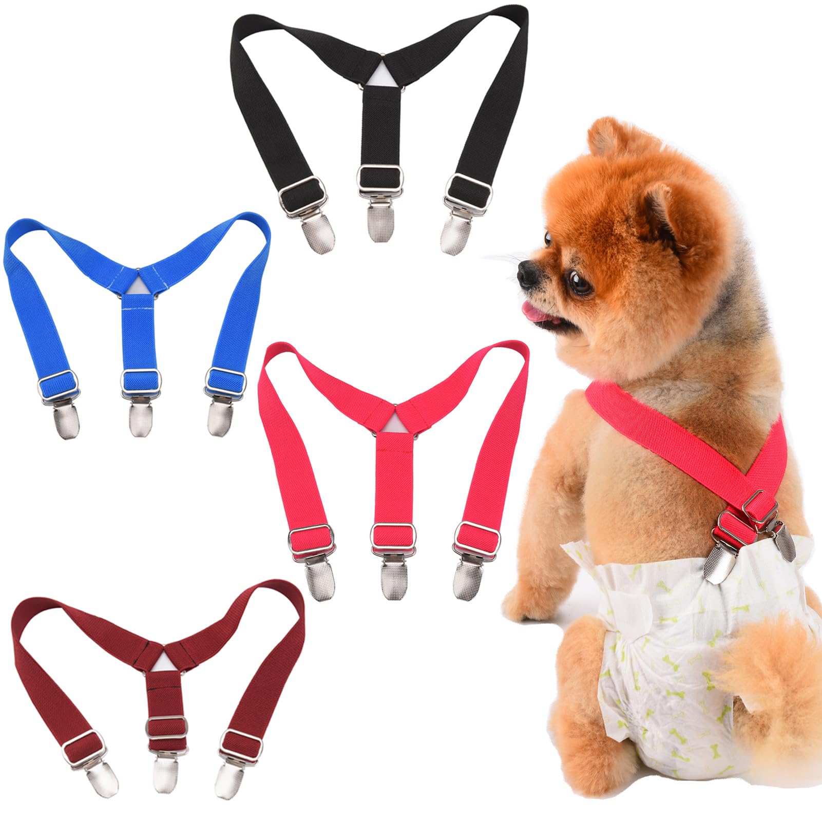 TESSVEYA Pack of 4 Dog Nappy Suspenders, Dog Nappy Harness for Small, Medium and Large Dogs (Black & Red & Blue, L)