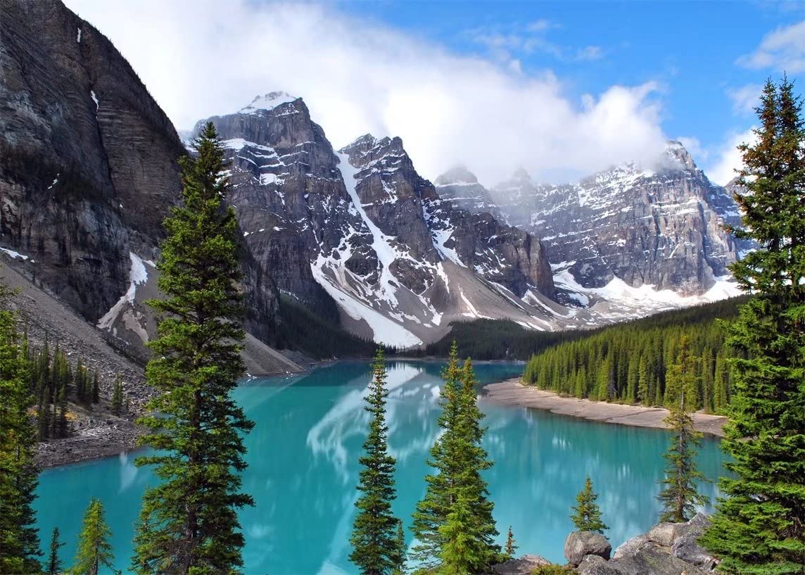 BELECO 7x5ft Moraine Lake Backdrop - Banff National Park Canadian Rockies Mountain Pine Trees Forest Nature Camping Wallpaper for Portraits Shoot