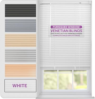 FURNISHED White Venetian Blinds 25mm PVC Slats Easy Fit 55W x 150L cm