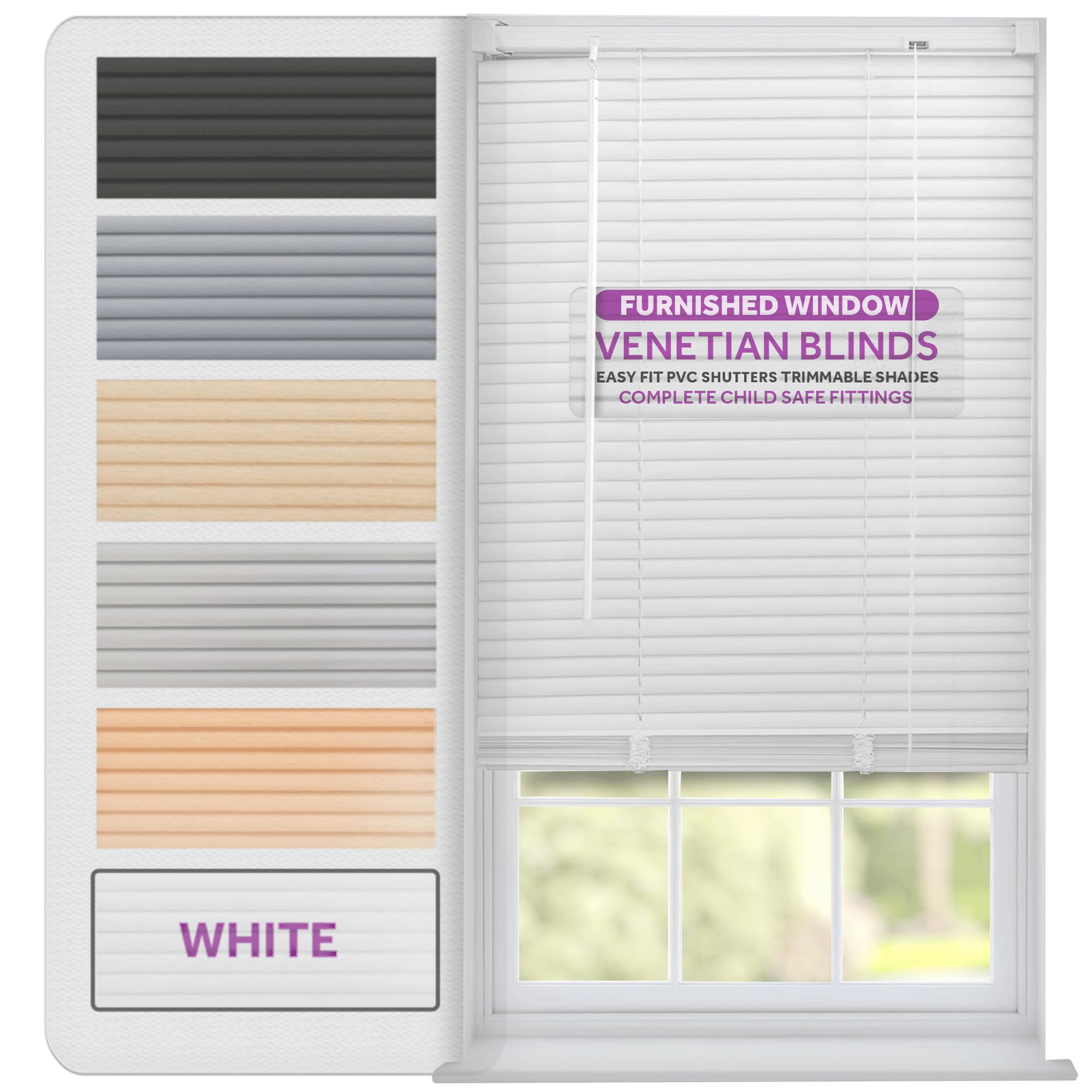 FURNISHED Venetian Blinds Window Venetian Blind Easy Fit PVC Shutters Trimmable Shades for Home Kitchen Windows Treatment Shutters 25mm Slats Complete Child Safe Fittings - White 60W x 150L cm