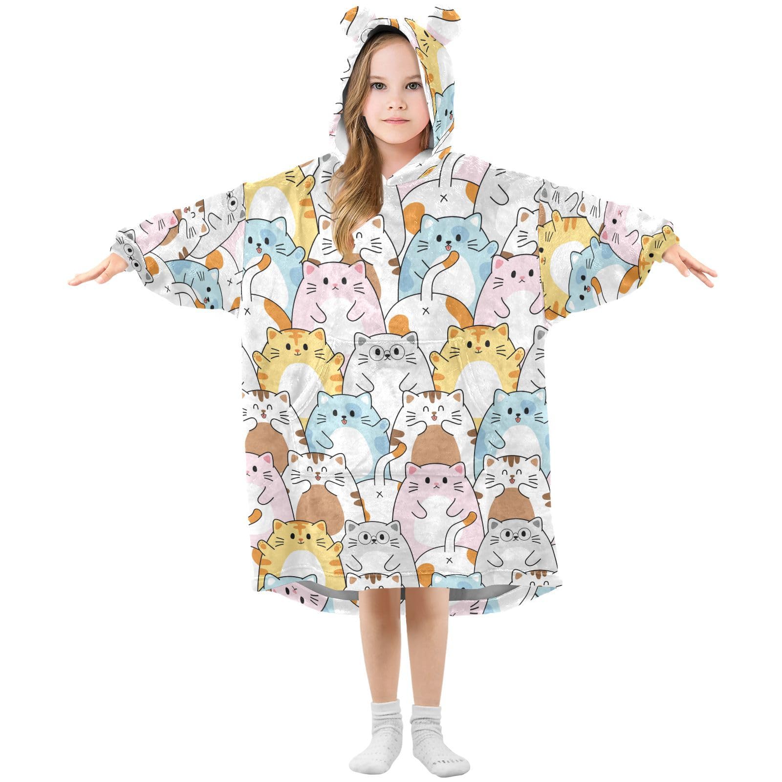 Oversized Blanket Hoodie for Kids Adult Girls Boys, Fleece Hoodie Blanket Cute Cats Happy Kitten Super Warm Plush Wearable Blanket Hoodie Sweatshirt with Roomy Pocket, Large
