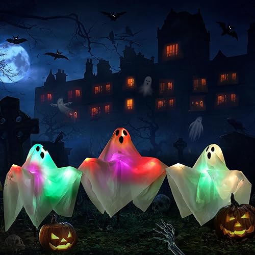 NEXVIN Halloween Decorations - 3 Pack Ghost Battery Stakes Lights with Timer, Outdoor Halloween Props for Garden, Pathway, Lawn, Yard, Haunted House
